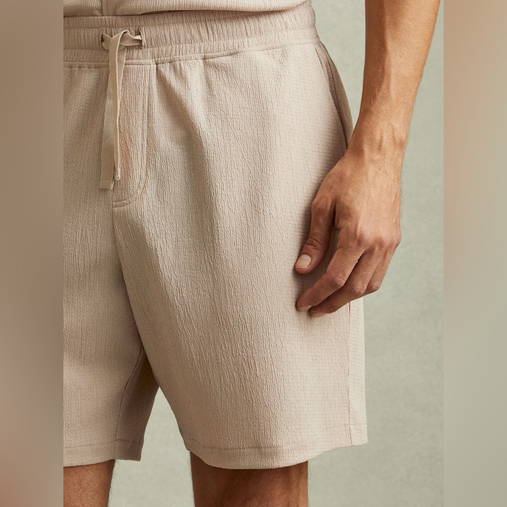 REISS Rihad Textured Crepe Drawstring Shorts in Oatmeal